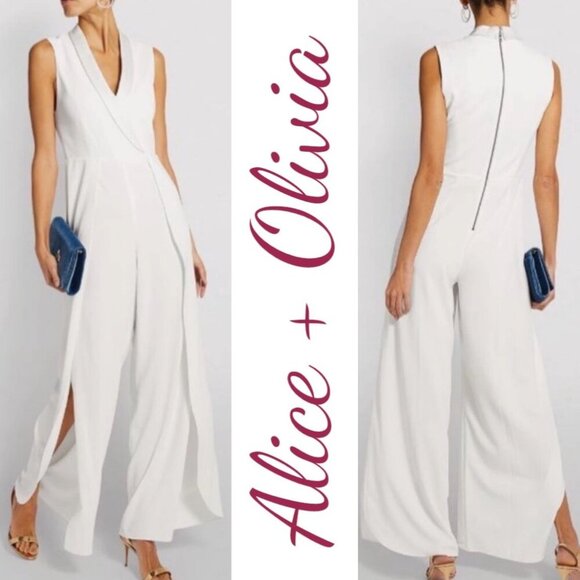 NWT ALICE + OLIVIA Bebe White Shawl Collar Split Leg Sleeveless Jumpsuit Size 12 - Picture 14 of 14